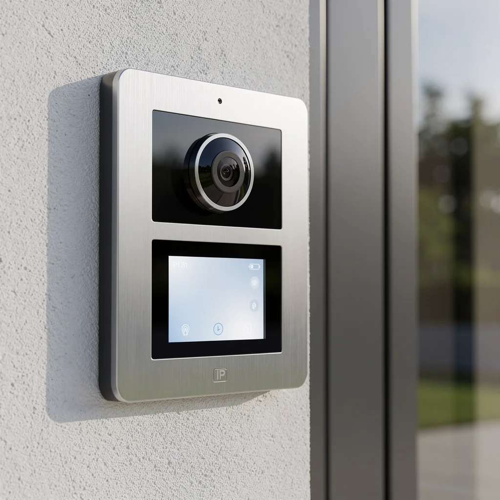 Panel wideodomofonu IP ze szczotkowanego aluminium na portalu wejściowym