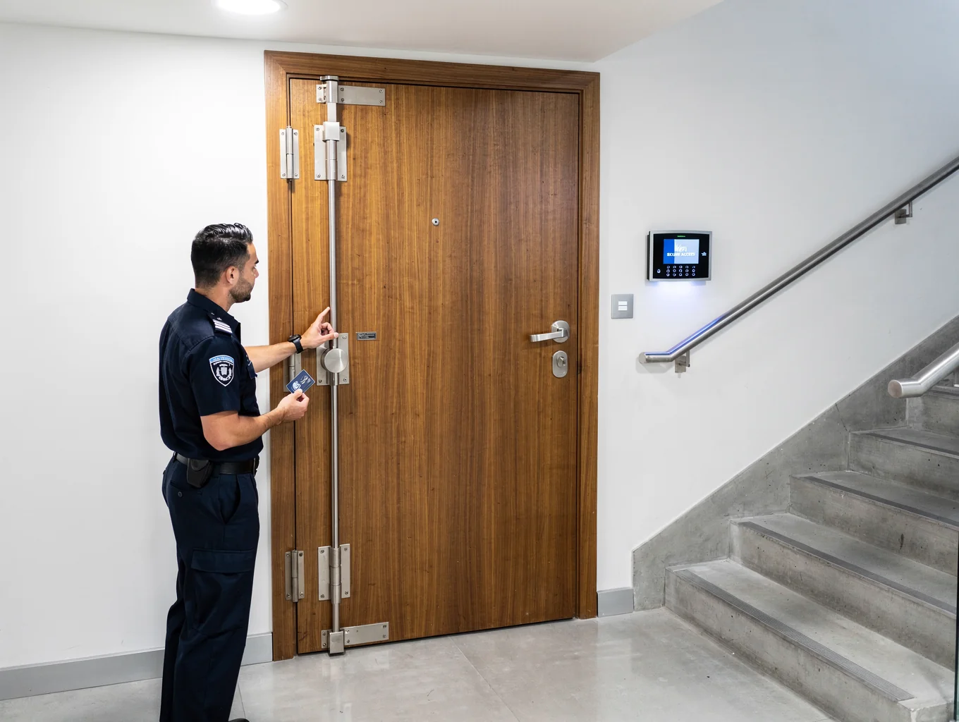 Certyfikowane drzwi antywłamaniowe klasy RC3 wykończone pionowym fornirem dębowym w apartamentowcu